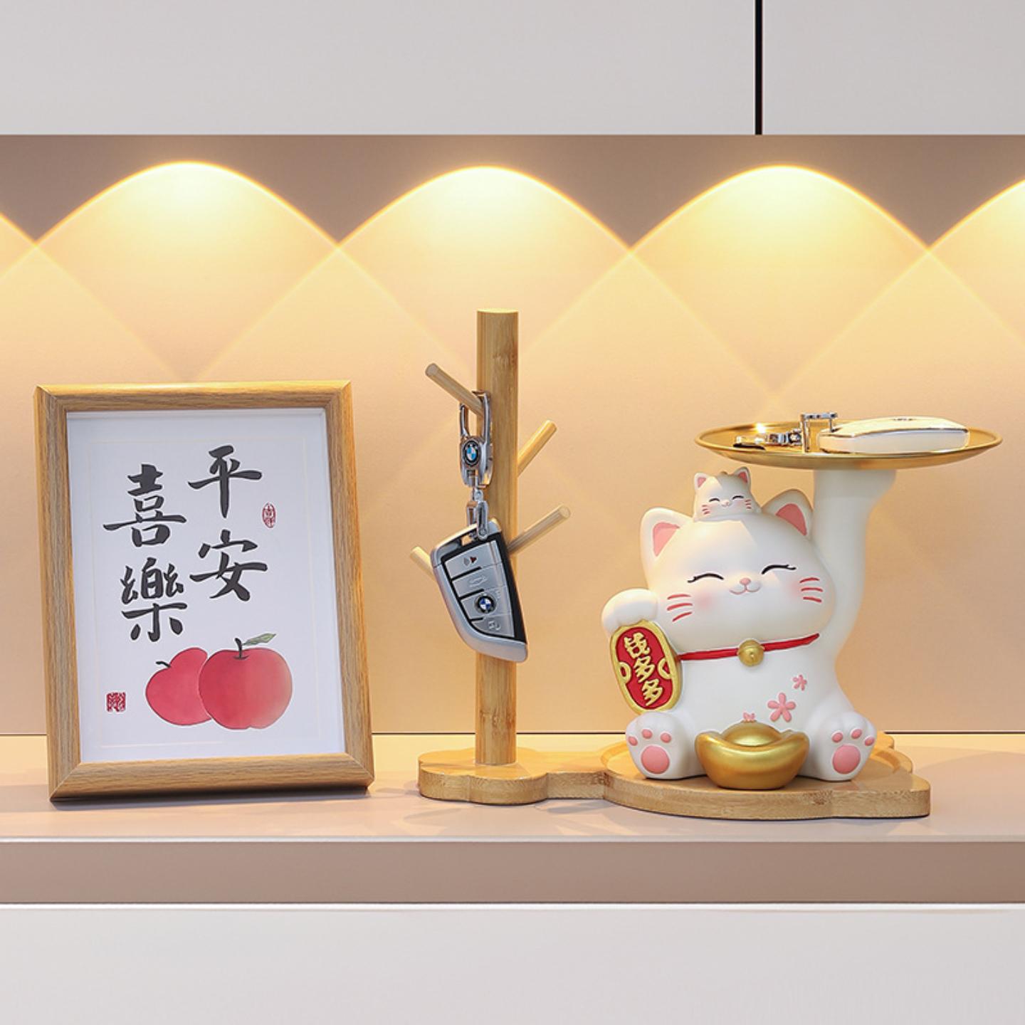创意高档招财猫收纳托盘摆件玄关
