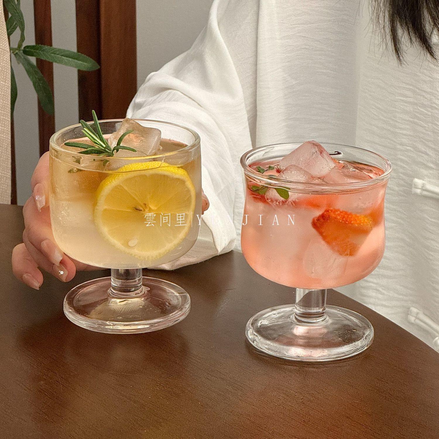 圆墩杯玻璃杯ins风小众复古矮脚品杯冰美式咖杯特啡拿铁杯调饮果