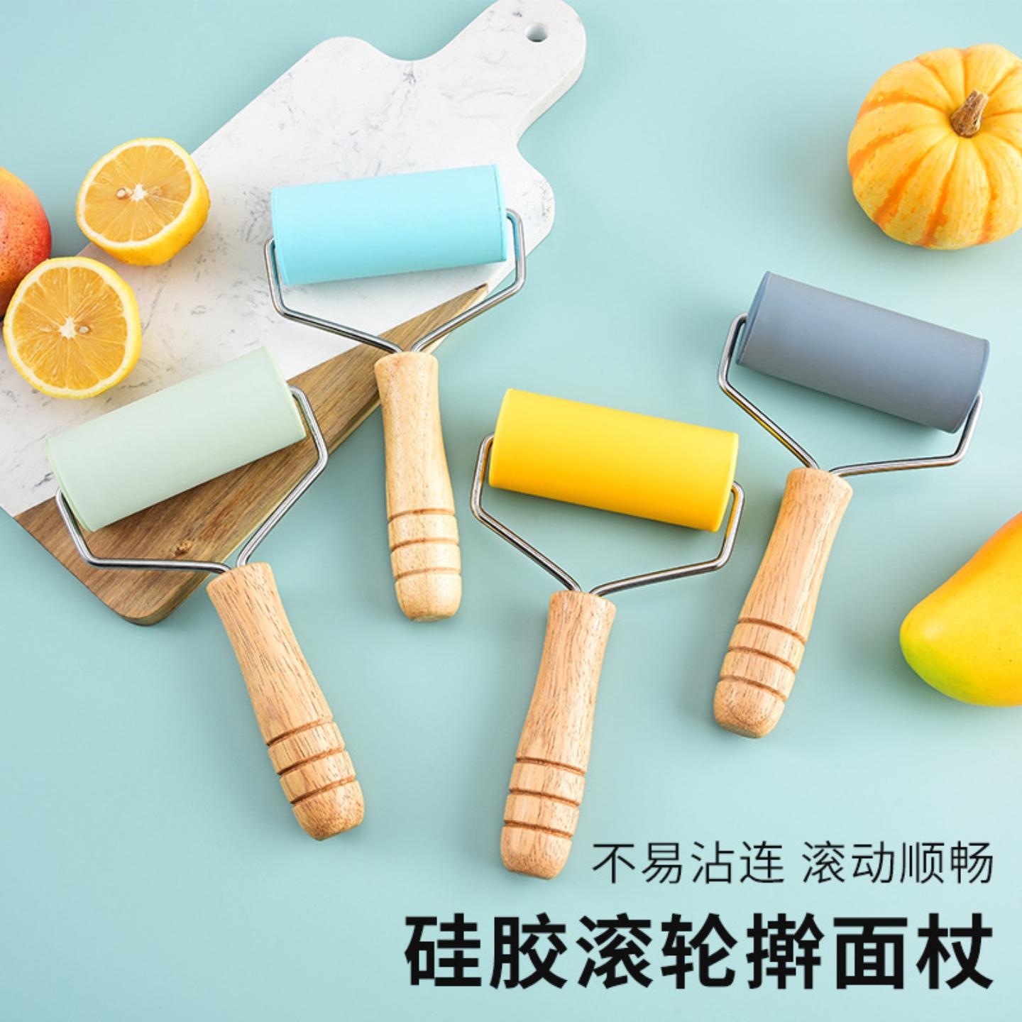 厨房家用滚轮硅胶擀面杖榉木