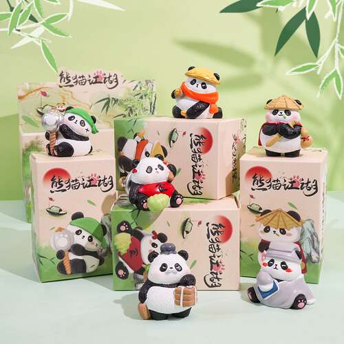 可爱树脂木雕风熊猫摆件创意精致