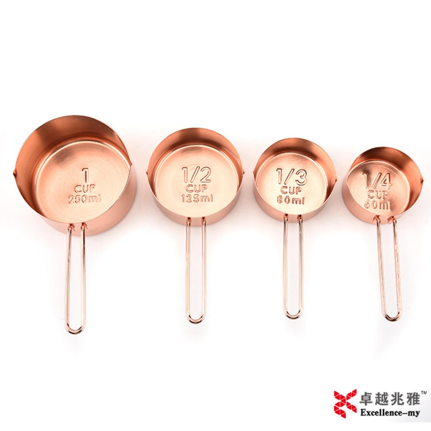 玫瑰金4件套不锈钢刻度量杯 厨房烘焙工具水镀金色刻度量勺套装