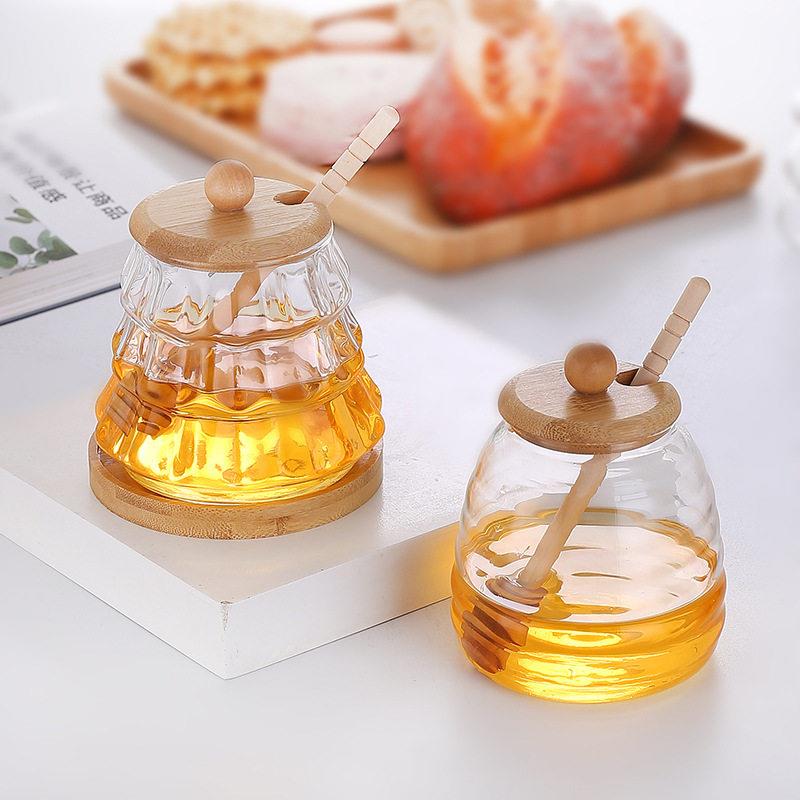 透明家用璃蜂蜜创玻玻璃密盒储物带4951111盖意子竹木搅封拌棒蜂