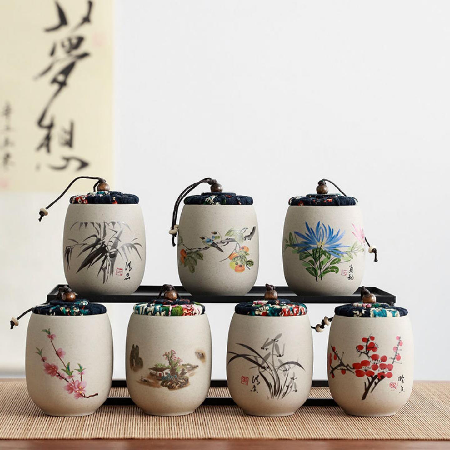 粗陶梅兰竹菊小号陶瓷茶叶罐密封