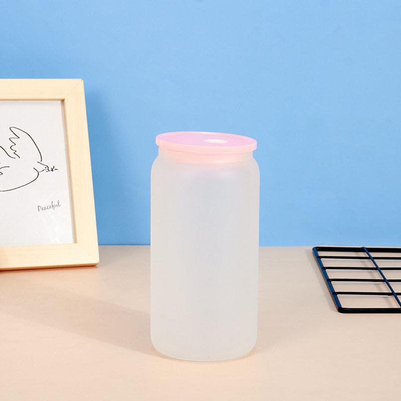 1o塑料彩色盖z硼硅玻16oz磨砂璃杯6磨砂热玻升华易拉梅森璃杯子现