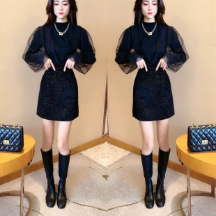 网红同款时尚套装女2025秋季新款网纱泡泡袖显瘦打底衫半身包臀裙