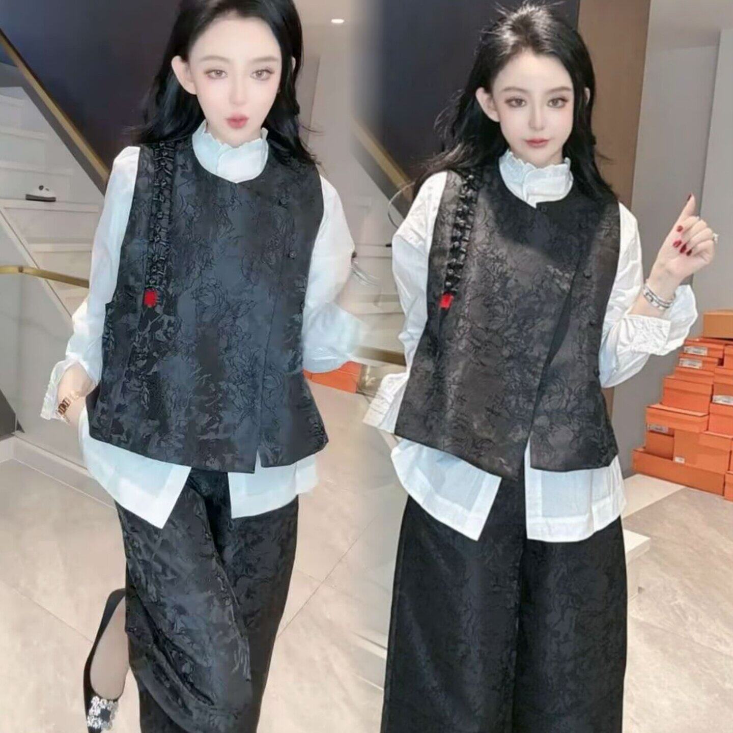 2026新中式国风复古气质提花喜字斜襟盘扣马甲衬衫休闲裤三件套装