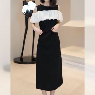 欧洲站2025新款高级感洋气荷叶边漏肩连衣裙女设计感法式裙子女夏