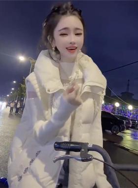 网红抖音爆款白色羽绒棉马甲女2025冬新款重工镶钻保暖连帽马夹潮