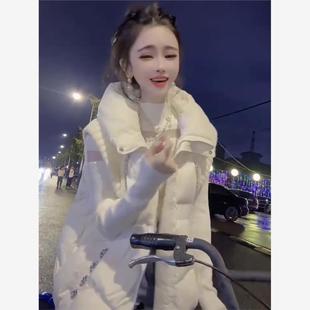 网红抖音爆款 重工镶钻保暖连帽马夹潮 白色羽绒棉马甲女2025冬新款