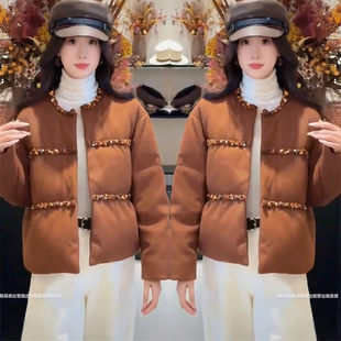 2026秋冬网红新款时尚加厚棉服女欧货重工亮片圆领显瘦短款面包服