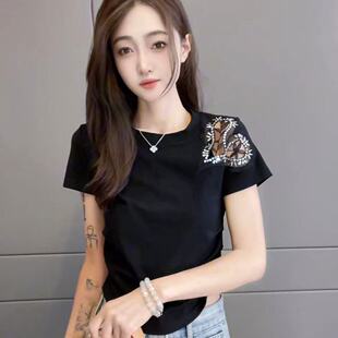 显瘦上衣 抖音纯棉2025夏季 新款 褶皱爱心烫钻蕾丝短袖 T恤女修身