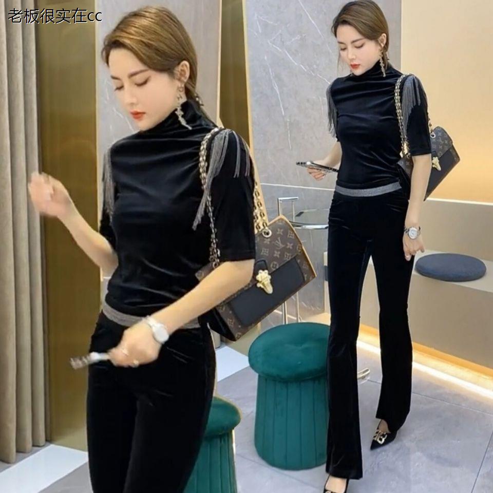 流苏短袖上衣微喇裤修身百搭潮