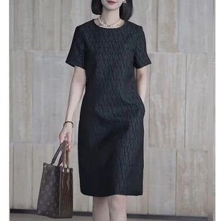 黑色圆领高腰显瘦A字连衣裙女2025春夏新款出席重要场合的印花裙