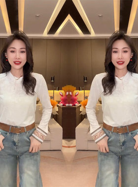 2025冬季独特时尚复古重工刺绣钉珠设计感圆领长袖白色打底上衣女