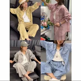 彩色翻领口袋扎染干枯玫瑰棉麻衬衫上衣九分弯刀裤休闲两件套装女