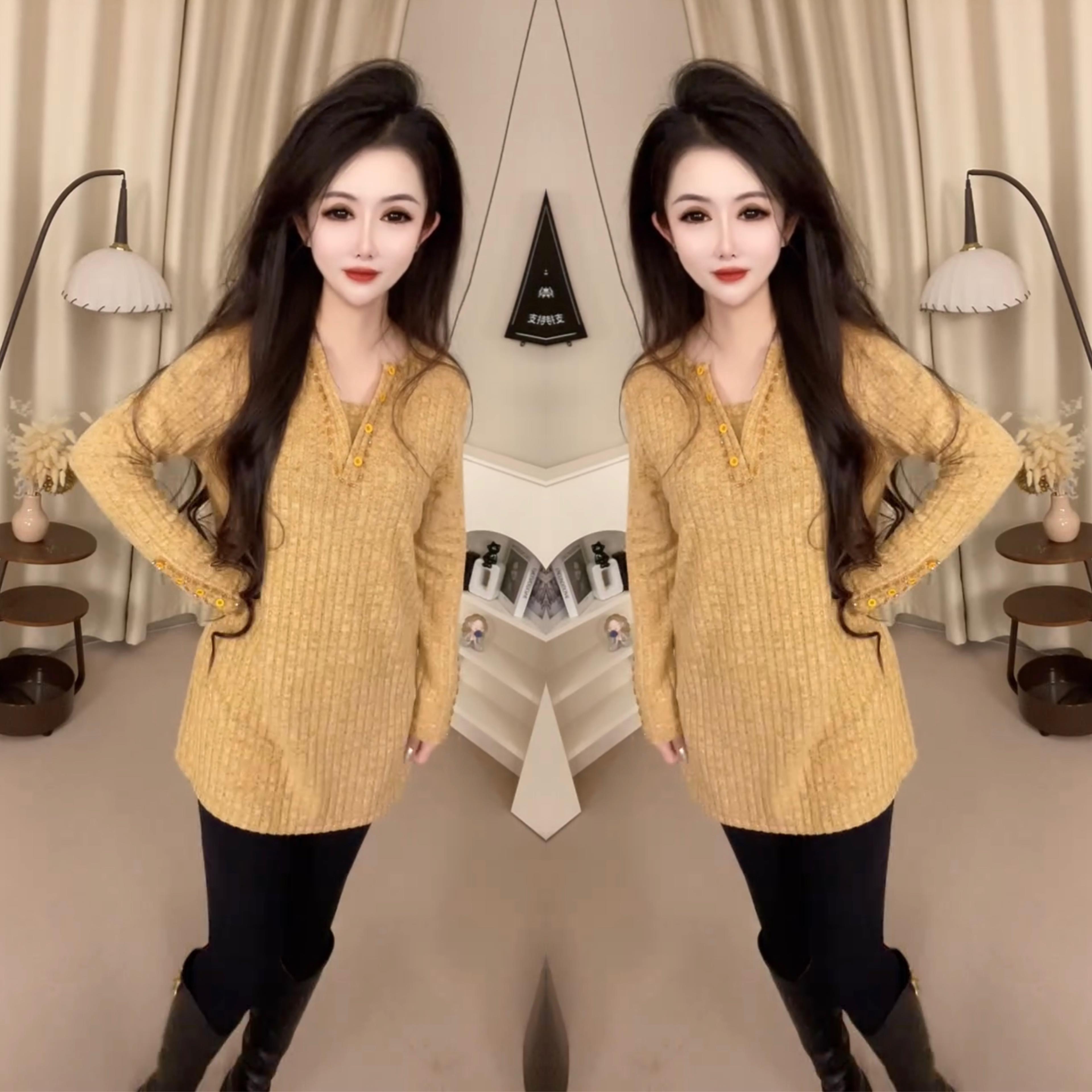 2025秋冬慵懒风V领姜黄色中长款毛衣女宽松显瘦针织衫V领长袖上衣