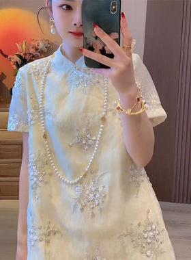 2025夏季新款女装新中式国风白色刺绣连衣裙高级感气质显瘦短裙子