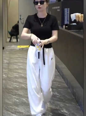 2025新款爆款套装束脚白色松紧高腰显瘦遮肉时尚通勤百搭休闲裤