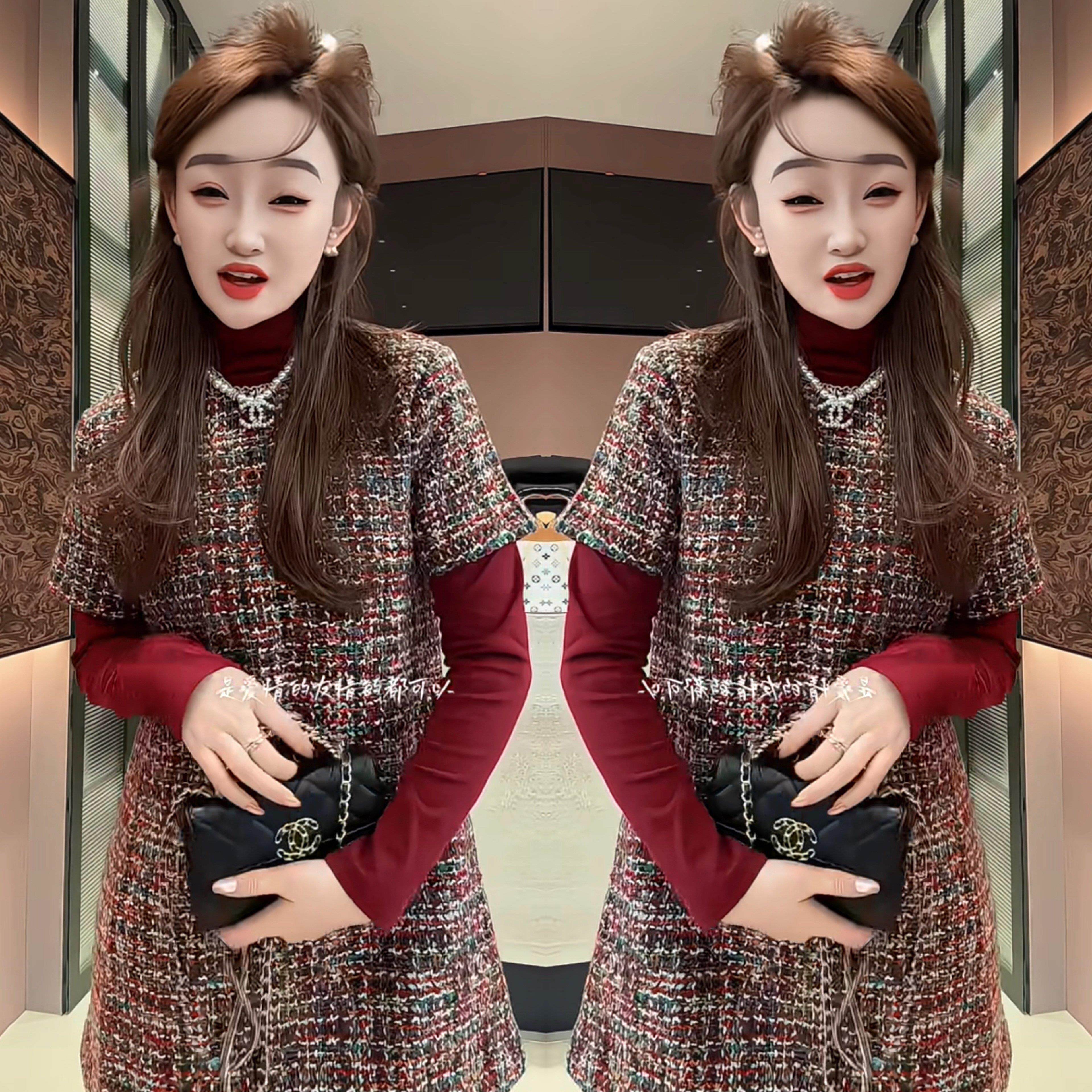 高级感时髦小香风法式冬季网红新款显气质瘦女士连衣裙+小衫套装