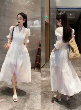欧货时尚网红爆款连衣裙2025新款夏季轻奢气质女神范白色显瘦长裙