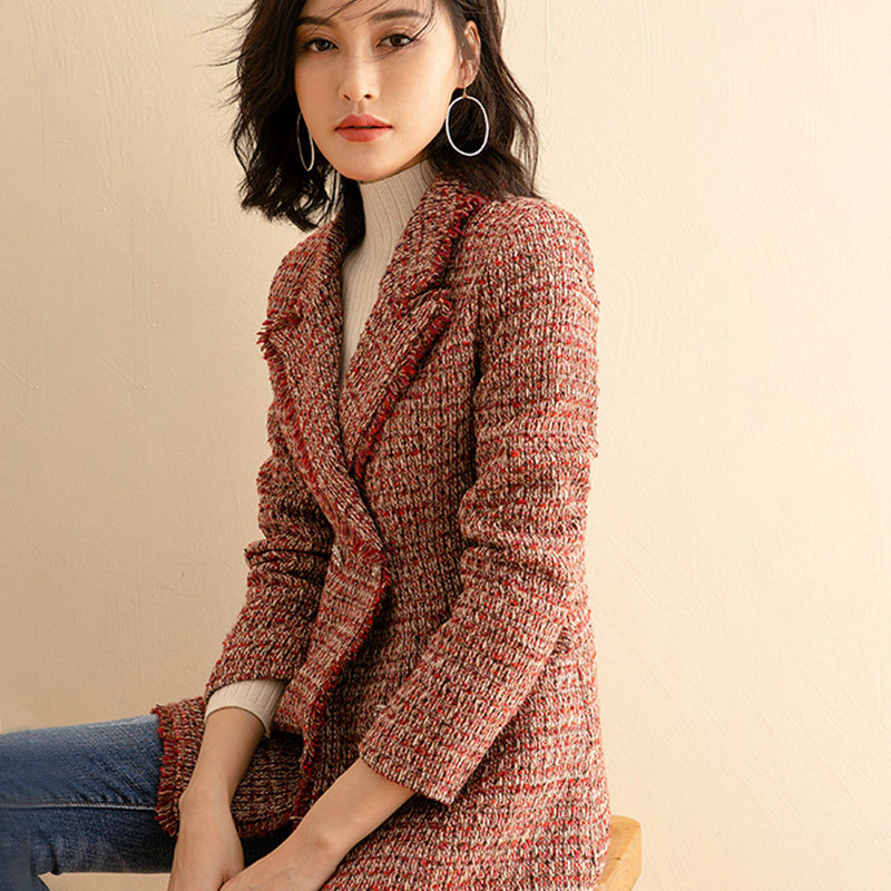 外套女秋高端春秋小香风名媛时尚粗花呢修身中长款外搭双排扣上衣