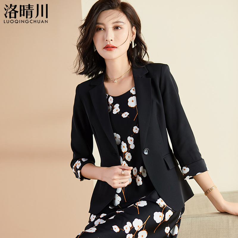 洛晴川黑色中袖西装外套女夏季2025新款气质七分袖女士西服上衣