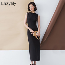 Lazy Lily春夏新款黑色修身显瘦连衣裙中长款小黑裙女礼服长裙