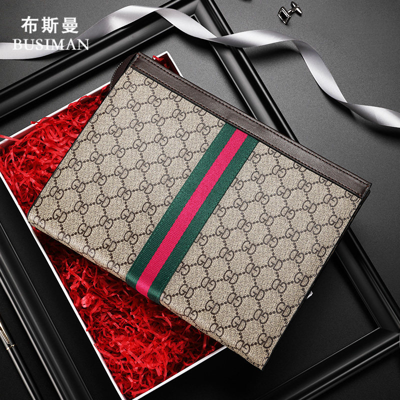 男士真皮手包2020新款潮牌手拿包老花棋盘大容量信封包休闲手抓包