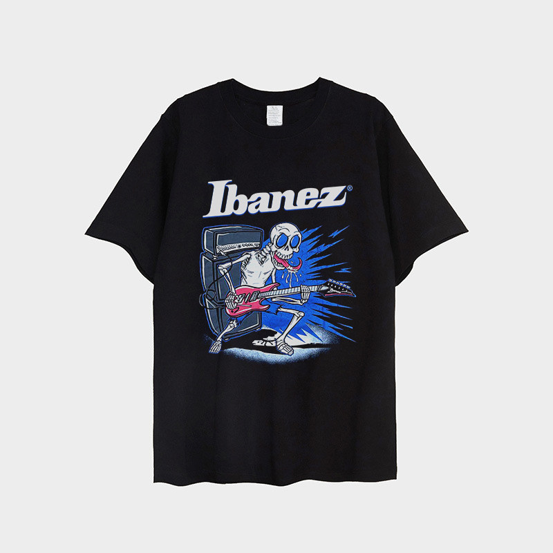 Ibanez tee-shirt 依班娜骷髅电吉他印花T恤短袖夏季宽松纯棉
