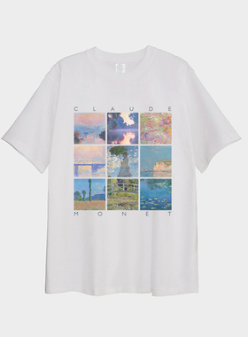 莫奈油画拼图白色纯棉短袖T恤 2024夏季新款短衣ins男女通款圆领