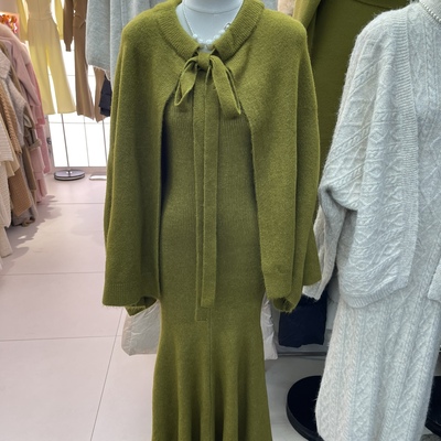 针织开衫披肩系带斗篷连衣裙套装