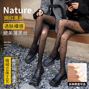 黑丝袜女秋冬加绒光腿神器波点爱心打底裤黑透肤假透肉连裤袜网红