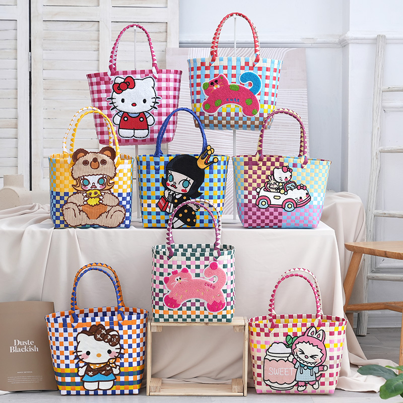 卡通包格子编织包户外通勤女生包包大容量春游野餐海边手拎手提包