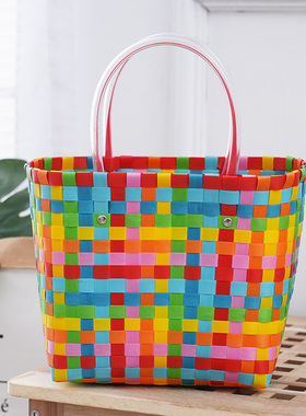 彩色手提包清新格子包塑料编织包买菜篮子包休闲包时尚购物礼品袋