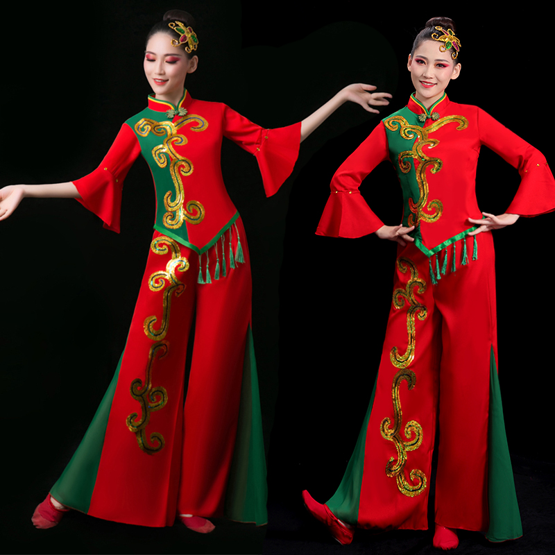 秧歌服女成人新款2023中老年廣場舞腰鼓舞扇子舞喜慶民族舞蹈套裝