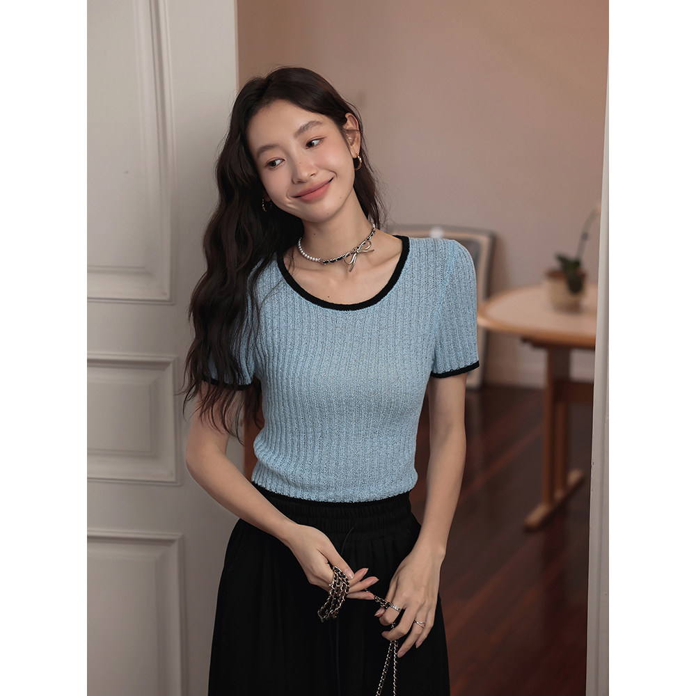 张贝贝ibell法式小香风撞色针织短款t恤休闲圆领上衣