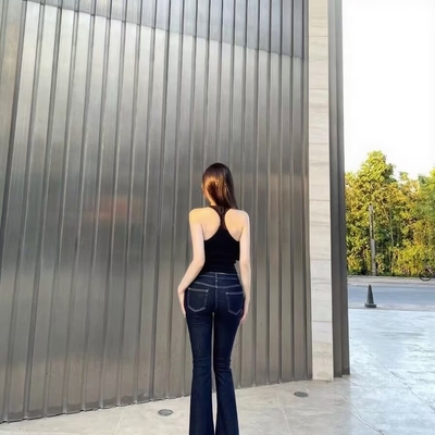 自带丰胯垫~韩女明线低腰显瘦显臀微喇牛仔裤修身百搭深蓝长裤子