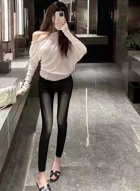 M900牛仔裤女夏天薄款高腰2024新款裤子黑色九分裤复古小个子紧身