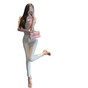 白色牛仔裤女高腰2025春季新款修身显瘦弹力开叉九分小脚铅笔裤子