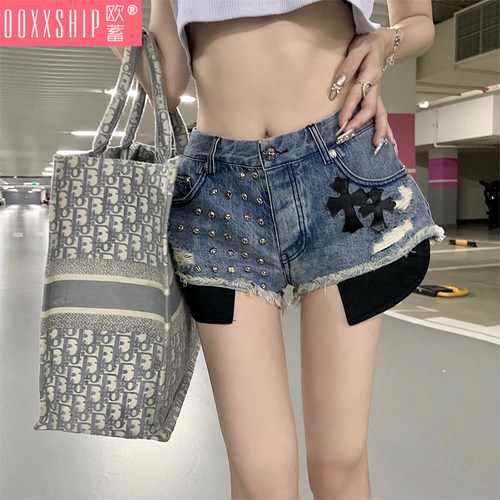 甜辣十字架低腰牛仔短裤女