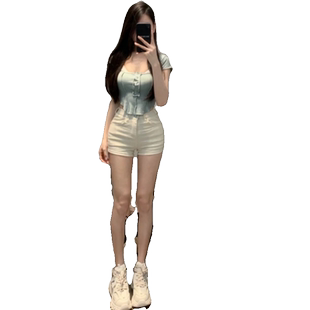 丰胯牛仔短裤女自带胯垫韩版紧身显瘦高腰性感纯欲辣妹包臀热裤子