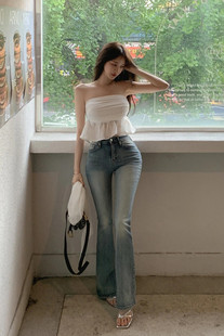 韩国丰胯牛仔裤~新款青蓝水洗复古高腰修身弹力小个子微喇长裤女