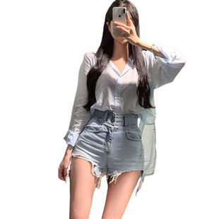 夏装韩版高腰磨破毛边牛仔短裤女新款薄款百搭显瘦阔腿a字热裤潮