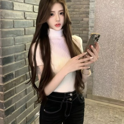 韩女高领修身打底针织衫秋冬新款内搭白色短袖紧身高级感短款上衣