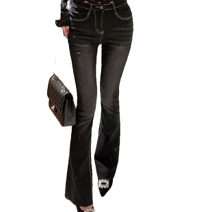 韩国春秋时尚新款磨白微喇牛仔裤女紧身弹力修身显腿长喇叭长裤女