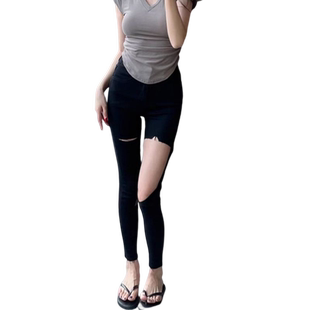 黑色大破洞牛仔裤女2025夏季韩版弹力紧身显瘦高腰九分铅笔小脚裤