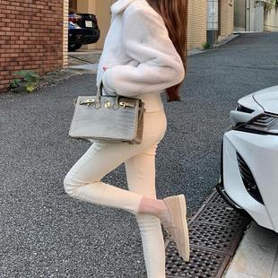 女秋冬九分牛仔裤 白色高腰加绒烟管裤 子显瘦 韩女小脚裤 Wuuus