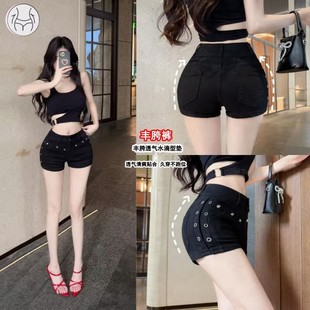 黑色牛仔超短裤女2025新款夏季高腰显瘦a字阔腿裤外穿铆钉热裤