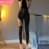 灰色高腰弹力紧身显瘦九分铅笔小脚裤 新款 女ins韩版 大破洞牛仔裤