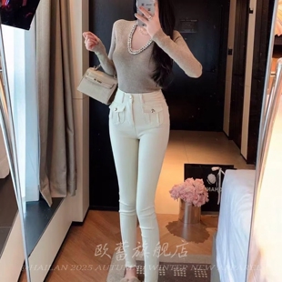 加绒加厚巨好看米白色九分牛仔裤 女秋冬小脚提臀显腿长百搭铅笔裤